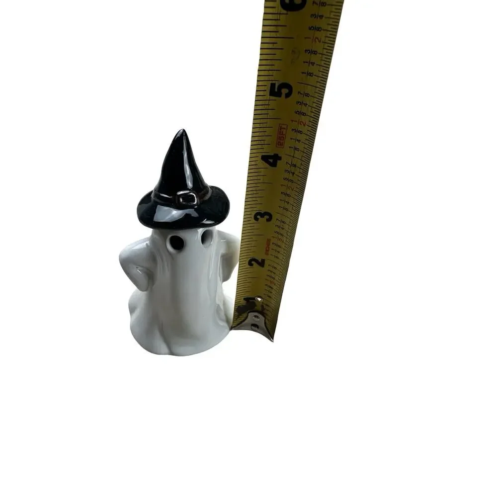 Set of 3 Halloween Ceramic Ghost Witch Hat Light Up Glowing Eyes Figurines